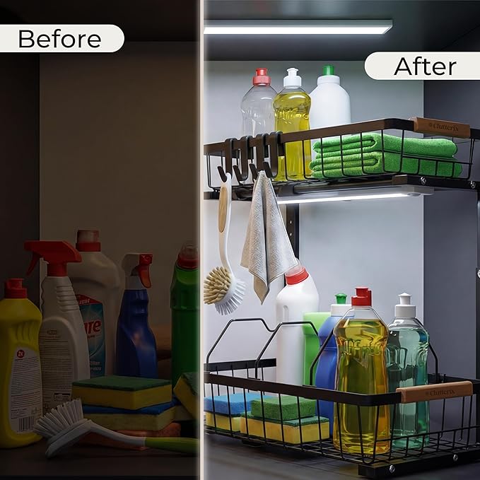 Under Sink Organizer, 2 Pack, 2 Tier Sliding L-Shaped Carbon Steel Rack with Adjustable Height, Motion-Activated LED Lights, 