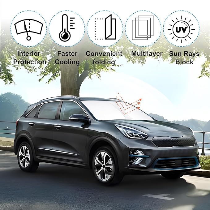 Front Windshield Sun Shade Foldable Car Front Window Sun Shade Windshield Shade Custom Fit for 2017-2022 Kia NIRO Block UV Rays Car Accessories Heat Keep Cooler