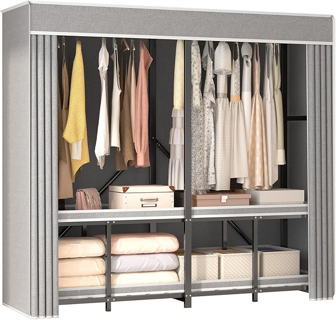 Foldable Wardrobe Closet, Clothes Rack with Cover for Bedroom, Portable Metal Closet Organizer, Thick Steel Tubes, Heavy Duty