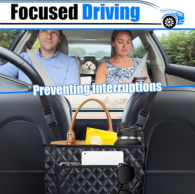 Car Purse Holder Between Seats, Leather Auto Front Seat Handbag Organizer Pocket, Large Capacity Car Net Pocket Handbag Holder, Backseat Barrier Storage Bag Fits for Car, Truck, SUV