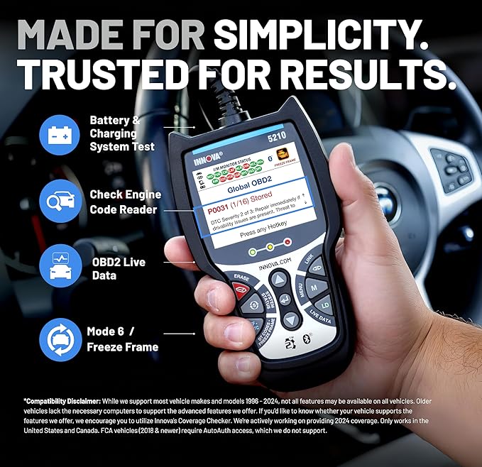 Innova 5210 OBD2 Scanner & Engine Code Reader, Battery Tester, Live Data, Oil Reset, Car Diagnostic Tool for Most Vehicles,