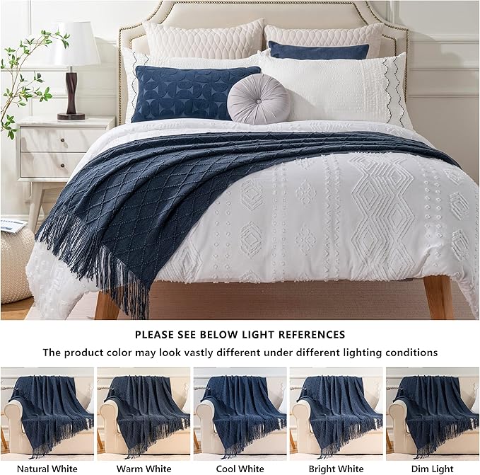 BATTILO HOME Navy Blue Throw Blanket with Fringe, Geometric Bed Blue Throws, Spring Decorative Large Throw for Couch Sofa Ind