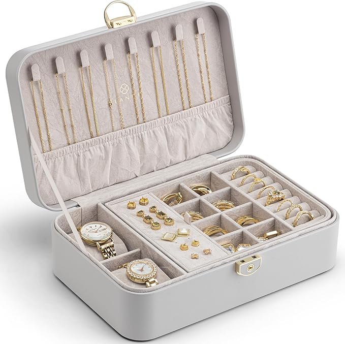 Vlando 2 Layer Jewelry Box,Jewelry Organizer Storage Lockable Earring Organizer Removable Jewelry Tray with Watch Pillow for 