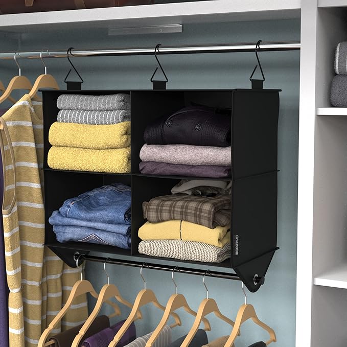 ClosetMaid 4-Shelf Fabric Hanging Closet Organizer with Garment Rod for Shirts, Sweaters, Pants, Hats, Shoes, Purses with Cha