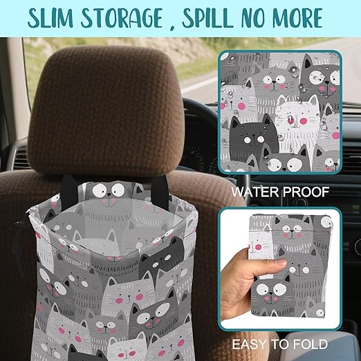 Car Garbage Bag Cute Grey Cats Drawstring Car Trash Bag Hanging for Back Seat with Adjustable Buckle Canvas Vehicle Trash Can Easy-to-Install
