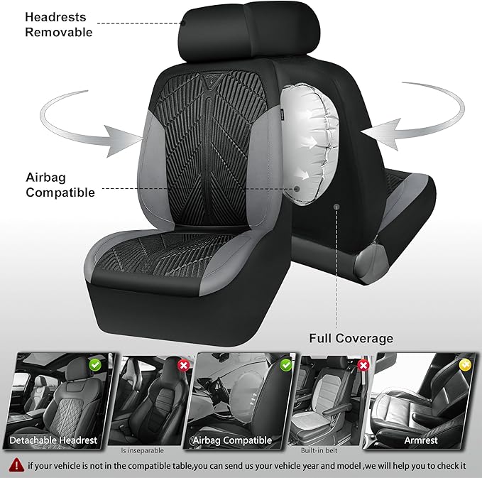 CAR PASS Waterproof Black Gray Car Seat Covers Front Seat Covers Neoprene Wetsuit,All-Weather Non-Slip Durable,Universal Fit 