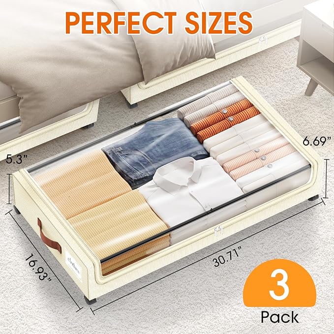 Under Bed Storage with Wheels 3Pack Underbed Storage with Clear Window&Label Under Bed Drawers Large Capacity Rolling Under B