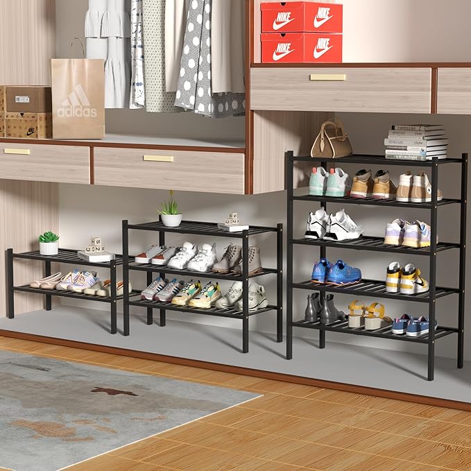 ROMGUAR CRAFT 5 Tier Bamboo Shoe Rack for Closet Free Standing Wood Shoe Shelf for Entryway Small Space Stackable 27"x11"x33"