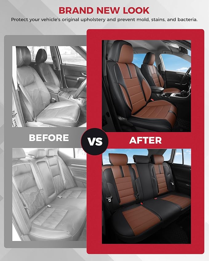 FREESOO Black Brown Car Seat Covers Full Set - Faux Nappa Leather Seat Covers for Cars, with Front Seatbelt Pads, Ultra Water