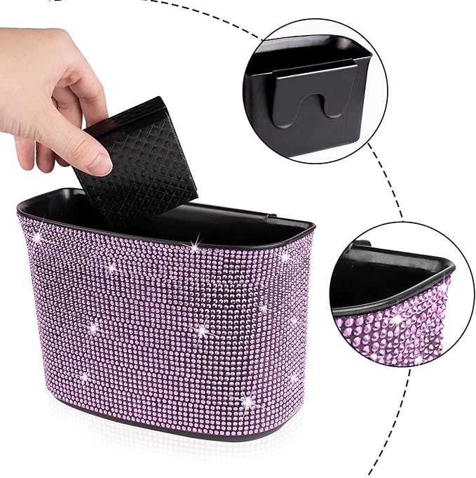 Bling Crystal Auto Trash Can, 100% Leak Proof Car Trash Bin with Storage Pockets, Hanging for Backside/Gearshift/Center Console, Pink