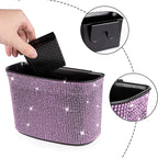 Bling Crystal Auto Trash Can, 100% Leak Proof Car Trash Bin with Storage Pockets, Hanging for Backside/Gearshift/Center Console, Pink