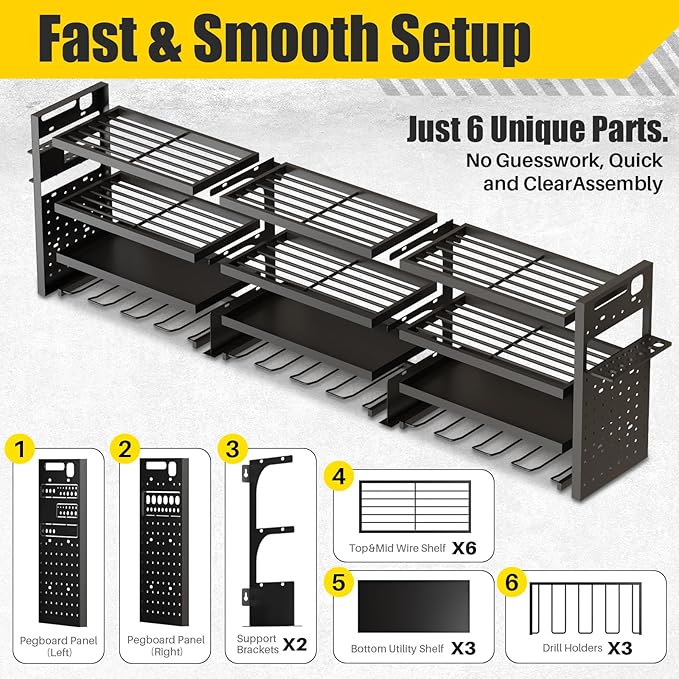 Large 49''W Power Tool Organizer Wall Mount | 620lbs Garage Storage Rack with 12 Cordless Drill Holder | 4-Tier Heavy Duty Ut