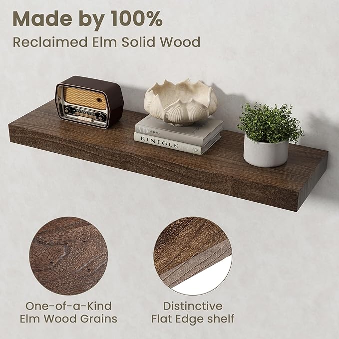 Fun Memories Solid Elm Wood Floating Shelves Set of 2-30 Inch Rustic Wall Shelves with Heavy-Duty Invisible Brackets - for Li