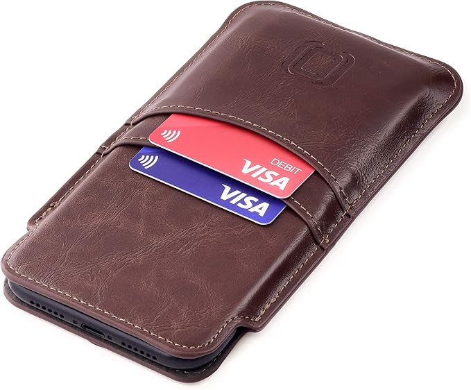 Dockem Provincial Wallet Sleeve for iPhone 17-11, 17-12 Pro, 17e, 16e, XR (6.1/6.3 inch) – Vintage Vegan Leather Pouch Cover with 2 Card Holder Slots [Brown]