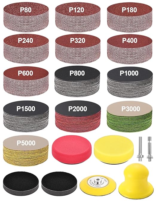268-Pack 3 Inch Sanding Discs Drill Sanding Attachment, 80-5000 Grit Wet Dry Hook and Loop Sandpaper, Soft Foam Buffering Pad