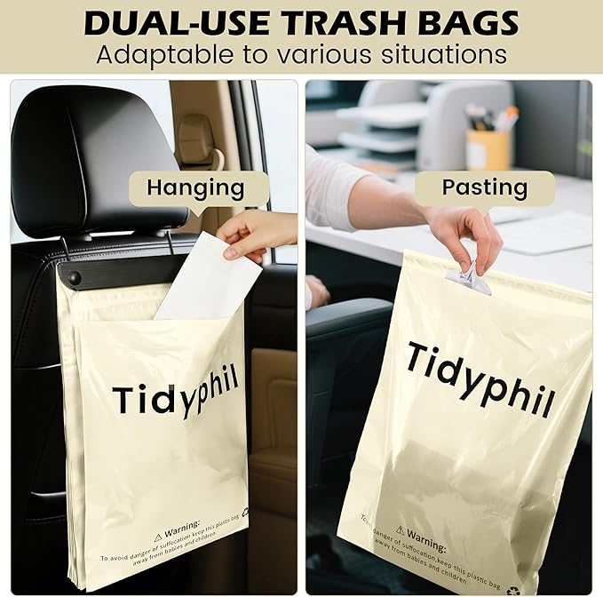 50 PCS Disposable Car Trash Bags Hanging, Leak-proof, Odor Seal. 2 Gallon Car Garbage Bags, Big Capacity. Independent of Car Trash Can, Easy Stick-On Car trash Bin for Car, SUV, Truck, Stroller. White