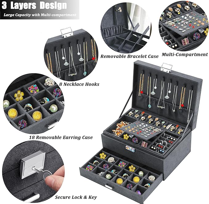 QBestry 3-Layer Jewelry Box for Women with Lock and Key & Drawer, Large Jewelry Organizer with 8 Necklace Hooks & 56 Earring 
