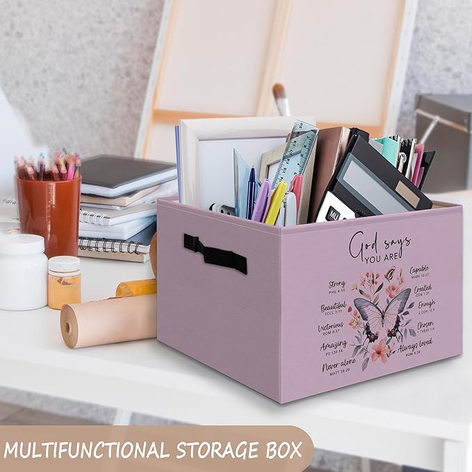 Purple Christian Foldable Basket Storage Bins Box with Handles, God Says You Are Bible Verse Butterfly Collapsible Organizer 