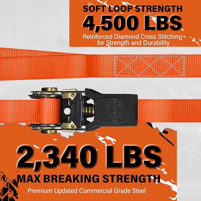 Ratchet Tie Down Straps, 2340lb Break Strength, 4pc 1inch x 16FT Tie Down Strap Set with Padded Handles & Coated S Hook W/Safety Clip, Cargo Strap Tie Down for Motorcycle, Truck (Orange)