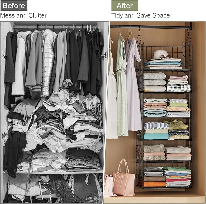 Hanging Closet Organizer and Storage - 8 Tier Closet Hanging Organizer Shelves, Metal & Foldable Hanging Storage Organizer Ba