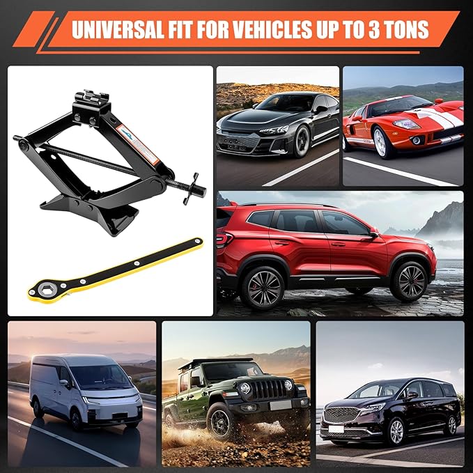 3 Ton (6610 Lbs) Car Jack, Universal Heavy Duty Scissor Jack, Professional Spare Tire Changing Kit with Lug Wrench, Portable 