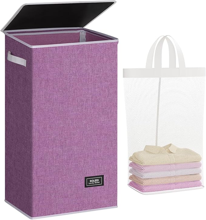 SOLEDI Laundry Hamper with Lid 100L Large & Tall Collapsible Laundry Basket, Clothes Hamper with Bag Removable Easy to Carry,