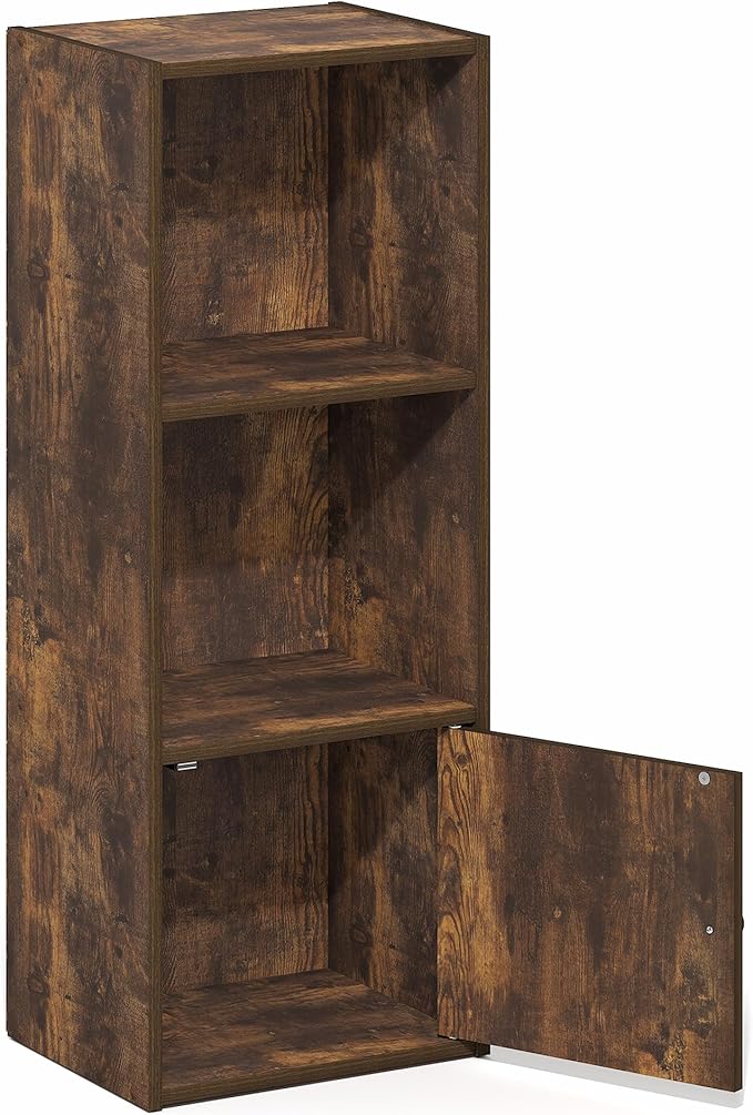 Furinno LUDER Book Shelf, 3-Tier Bookshelf with Open Shelf, Standing Bookcase with 1 Door Cabinet, 9.3 x 12 x 31.5, for Organ