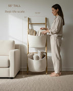 Handcrafted Bamboo Blanket Ladder with 2 Large Woven Storage Baskets, 55in Tall, Boho Wall-Leaning Decorative Rack for Living