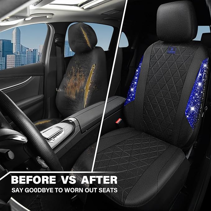 CAR PASS Oxford Bling Diamond Car Seat Covers 2 Front Interior Sets, Waterproof Shining Glitter Sparkly Crystal Universal Arm