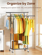 Double Rods Clothes Rack, Rolling Clothing Rack with Wheels, Metal Clothing Racks for Hanging Clothes, Portable Garment Rack 