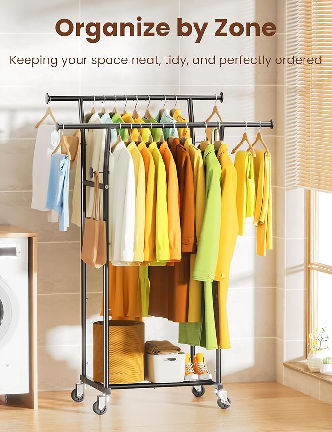 Double Rods Clothes Rack, Rolling Clothing Rack with Wheels, Metal Clothing Racks for Hanging Clothes, Portable Garment Rack 