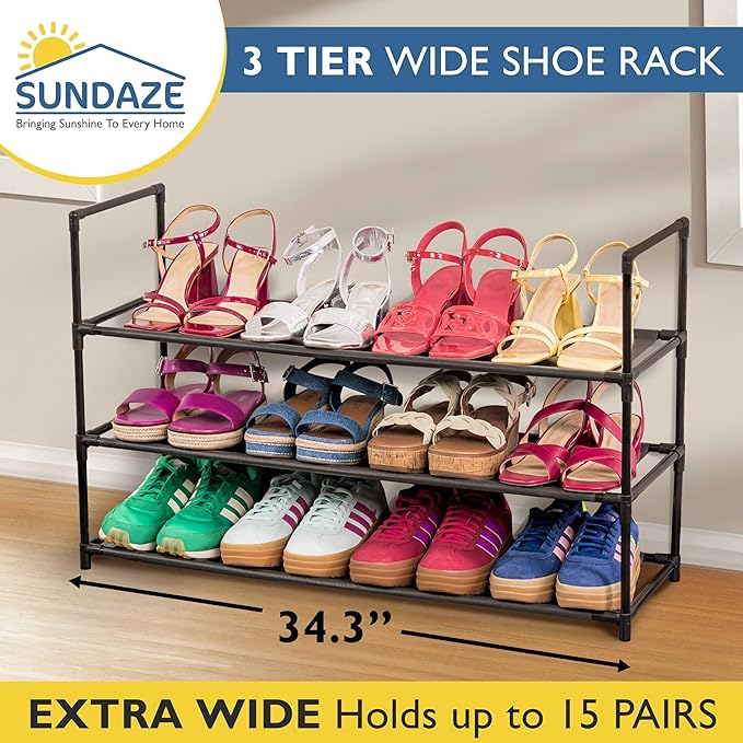 Sundaze Shoe Rack - 3 Tier Shoe Rack for Front Door Entrance, Sturdy Long Shoe Organizer for Closet, Bedroom, Entryway, Garag