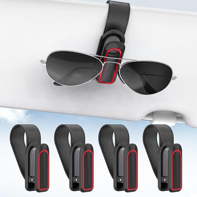 Veharvim Sunglass Holder for Car (4 Pack, One-Handed Operation, Gentle & Secure Hold, Silicone Padded, Universal Fits Sunglass and Visor) - Sunglasses Clip for Car Visor (Black & Red, 4 Pack)