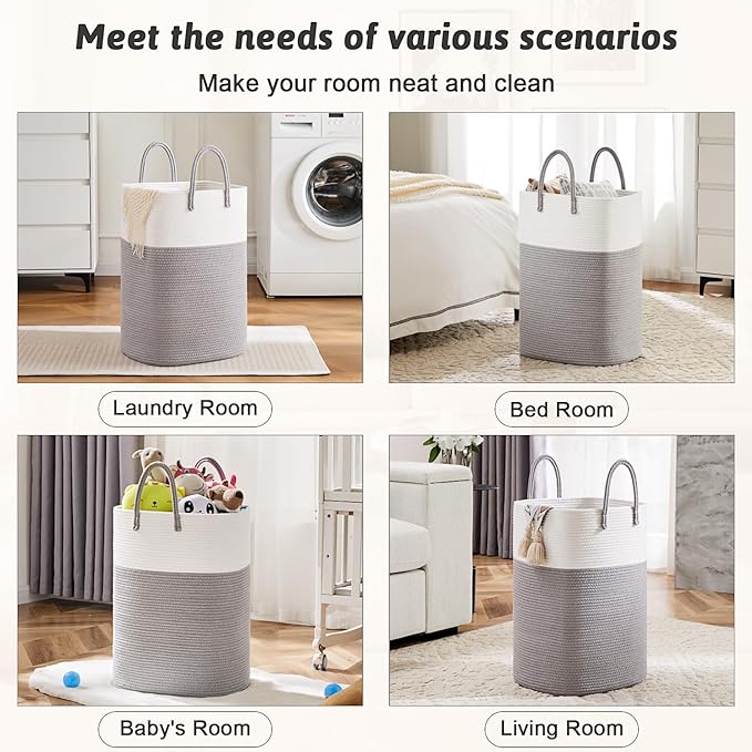 Laundry Basket,Woven Cotton Rope Laundry Hamper,Versatile Storage for Dirty Clothes,Baby Toys,and Blankets in Bathroom, Nurse