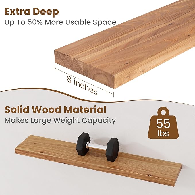 Floating Shelves for Wall Decor, 8" Deep Rustic Solid Elm Wood Floating Shelves Wall Mounted, Wall Shelves with Invisible Bra