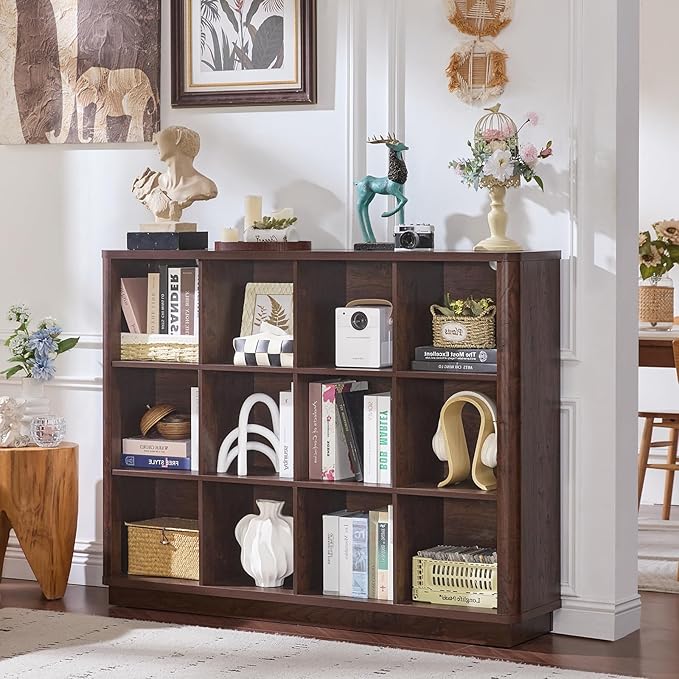 Joaxswe 12 Cube Storage Organizer, 41" Large Bookshelf with Curved Edge, Wood Floor Standing 3-Tier Cubby Bookcase w/Base, Vi