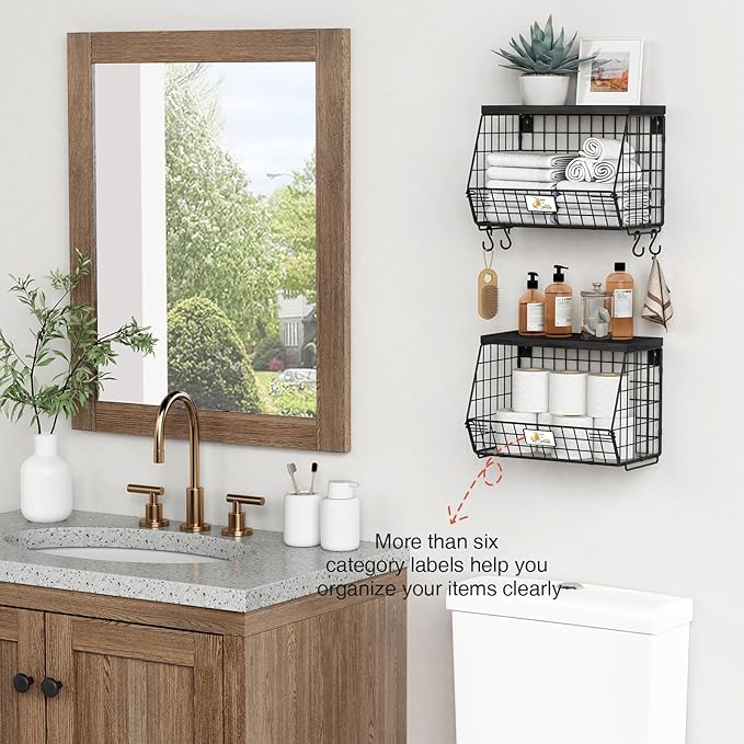 Goozii Black Kitchen Wall Hanging Storage Basket Set of 2, Rustic Stackable Kitchen Counter Fruit Organizer, Wire Baskets Con