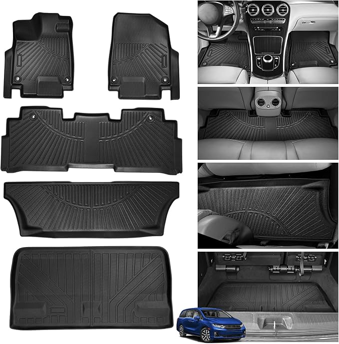 Powerty Floor Mats for Honda Odyssey 2026 2025-2018 Mini Passenger Van Car Mats, All Weather TPE Custom 1st 2nd & 3rd Rows Floor Liner and Cargo Liner Honda Odyssey Accessories (Floor Mats+Trunk Mat)