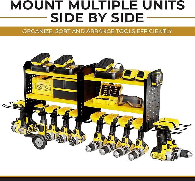 BUILTSTRONG Power Tool Organizer - 6 Drill Holder Wall Mount, 3 Tier Heavy-Duty Hand Storage Rack, Utility Racks, 2 Pegboard 