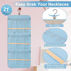 Dynoro Double-Sided Hanging Jewelry Organizer, Large Teal Storage Roll for Earrings, Necklaces, Rings, 48 Pockets 21 Hooks, D