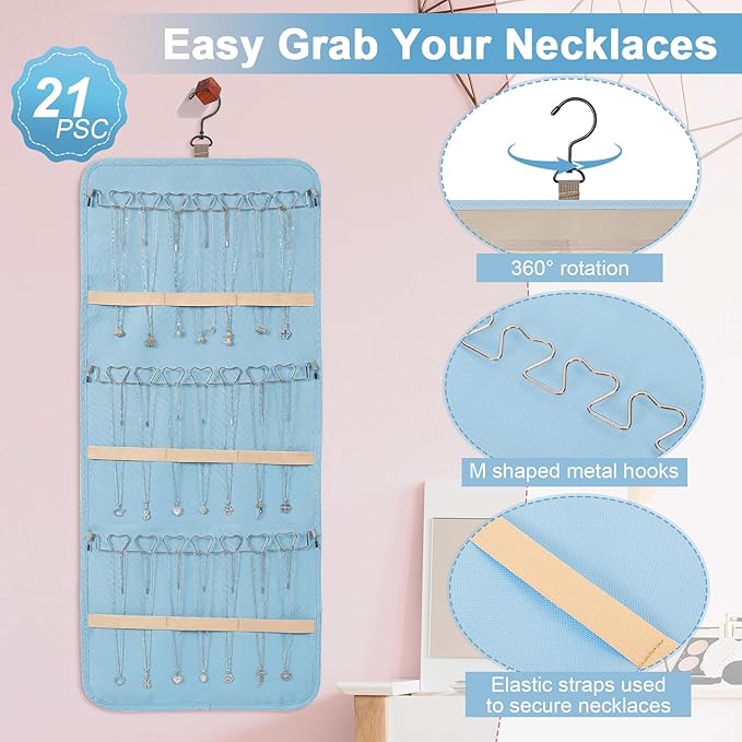Dynoro Double-Sided Hanging Jewelry Organizer, Large Teal Storage Roll for Earrings, Necklaces, Rings, 48 Pockets 21 Hooks, D