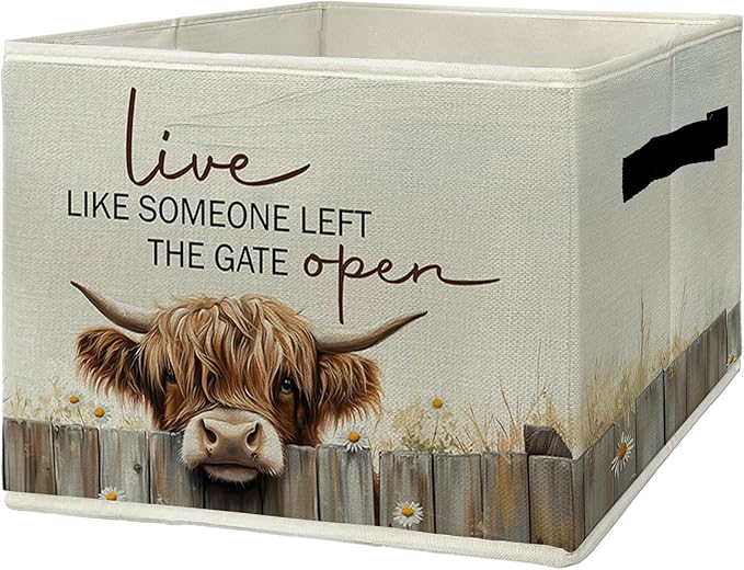 Highland Cow Storage Bins & Boxes with Handles, Western Highland Cow Foldable Basket for Organizing, Farmhouse Rustic Collaps