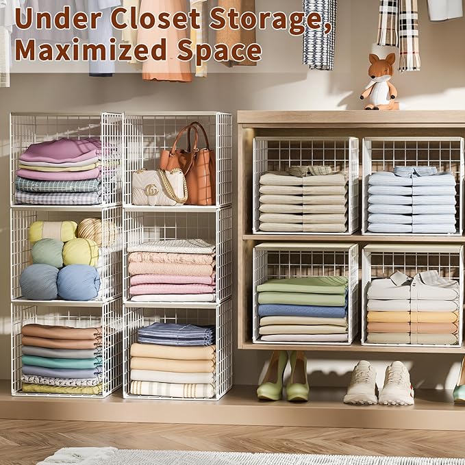 4 Pack Closet Organizers and Storage with Wood Top, Stackable Closet Shelf Organizer, Double Storage Design, Clothes Storage 