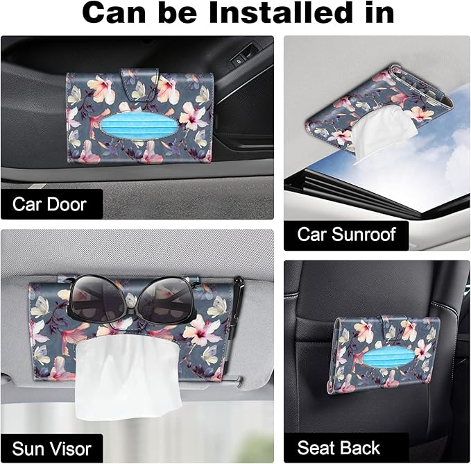 CaseBot Car Visor Tissue Holder, Sun Visor Napkin Holder, Mask Holder for Car, PU Leather Backseat Tissue Box for Truck SUV, Blooming Hibiscus