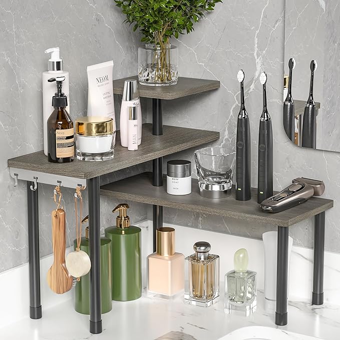 ZHWS Kitchen Countertop Organizer, Bathroom Counter Organizer, Adjustable 3 Tier Corner Shelf with 4 Metal Hooks for Counter 