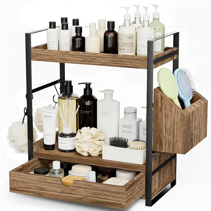 Kottwca 2-Tier Bathroom Counter Organizer with Drawer, Basket & Hooks, Wooden Vanity Shelf for Skincare, Perfume & Makeup Sto