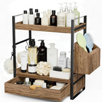 Kottwca 2-Tier Bathroom Counter Organizer with Drawer, Basket & Hooks, Wooden Vanity Shelf for Skincare, Perfume & Makeup Sto
