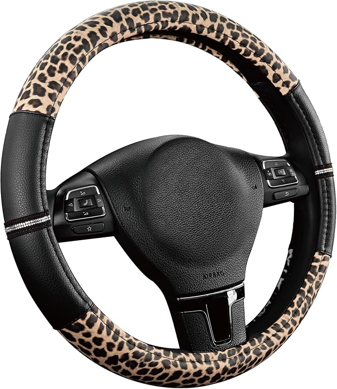 Road Comforts Leopard Steering Wheel Cover - Made with PVC Leather Cheetah Print - Anti-Slip, Universal Fit 14 1/2 inches to 