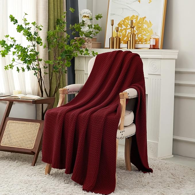 Chunky Cable Knit Throw Blanket Lightweight Wine red 100% Organic Cotton Blanket for Sofa Couch Bed Baby Nursery, Rustic Shab