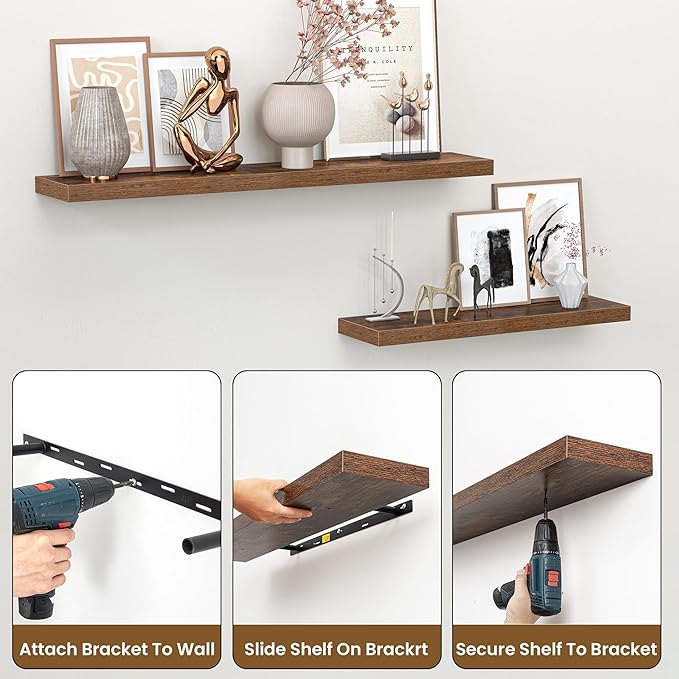 Heimlove 24 Inch Floating Shelves for Wall,Mounted Storage Wood Shelves with Invisible Brackets Hanging Shelf for Bedroom,Liv